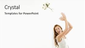  Presentation with tossing - Slide set consisting of caucasian bride tossing bouquet background and a sky blue colored foreground