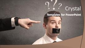  Presentation with question marks - PPT theme having caucasian-business-hand-pointing background and a gray colored foreground