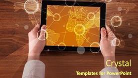  Presentation with holding hands - Presentation design consisting of caucasian-business-hands-holding-tablet background and a tawny brown colored foreground