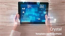  Presentation with statistics - Slide deck having caucasian business hands holding tablet with blue business-statistics screen background and a coral colored foreground