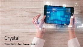  Presentation with statistics - Cool new theme with caucasian business hands holding tablet with blue business-statistics screen backdrop and a soft green colored foreground