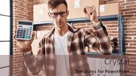  Presentation with business calculator - Slide set with caucasian-business-man-working background and a  colored foreground