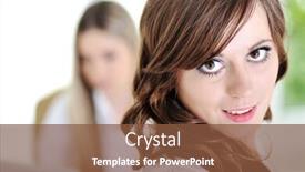  Presentation with woman office desk - Slide set consisting of caucasian business woman at office desk with colleagues in the back background and a tawny brown colored foreground