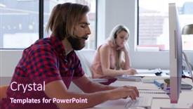  Presentation with social distancing - Beautiful slide deck featuring caucasian-businessman-and-businesswoman-using backdrop and a tawny brown colored foreground