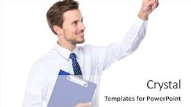  Presentation with finger point - Presentation having caucasian businessman hold clipboard look at the finger point up background and a white colored foreground
