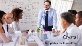  Presentation with meeting table - Audience pleasing presentation design consisting of caucasian businessman leading meeting backdrop and a light blue colored foreground