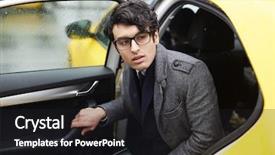  Presentation with taxi - Slide set enhanced with caucasian businessman looking out of taxi on rainy weather background and a dark gray colored foreground