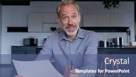  Presentation with paperwork - PPT theme with caucasian-businessman-sitting-having-video background and a ocean colored foreground