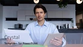  Presentation with paperwork - Cool new PPT layouts with caucasian-businessman-sitting-having-video backdrop and a light blue colored foreground