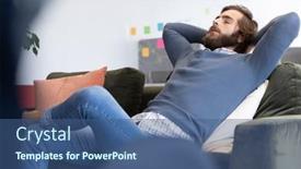  Presentation with social distancing - Presentation design consisting of caucasian-businessman-sitting-on-sofa background and a ocean colored foreground