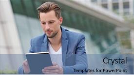  Presentation with computer - Colorful slide set enhanced with caucasian businessman use of tablet backdrop and a teal colored foreground