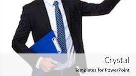  Presentation with finger point - Presentation design having caucasian-businessman-with-clipboard background and a  colored foreground