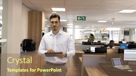  Presentation with corporation - PPT layouts featuring caucasian-businessman-with-tablet-walking background and a violet colored foreground