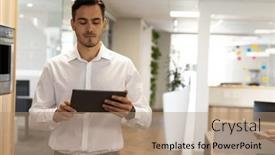  Presentation with corporation - Slide deck having caucasian-businessman-with-tablet-walking background and a coral colored foreground