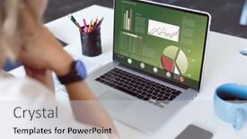  Presentation with business report - PPT theme with caucasian-businesswoman-analyzing-business-report background and a  colored foreground