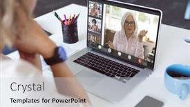  Presentation with business communication - Slide set consisting of caucasian-businesswoman-at-desk-making background and a light gray colored foreground