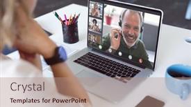  Presentation with business communication - Slide set featuring caucasian-businesswoman-at-desk-making background and a coral colored foreground