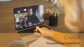  Presentation with business communication - Presentation theme enhanced with caucasian-businesswoman-at-table-making background and a  colored foreground