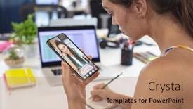  Presentation with wireless internet - Theme consisting of caucasian-businesswoman-discussing-work background and a coral colored foreground