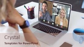  Presentation with digital image processing - Presentation theme enhanced with caucasian-businesswoman-having-video-call background and a coral colored foreground