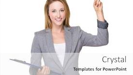  Presentation with finger point - PPT theme with caucasian businesswoman hold with clipboard and finger point up background and a white colored foreground