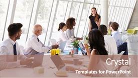  Presentation with special meeting notice - PPT theme with caucasian businesswoman leading meeting background and a coral colored foreground