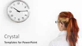  Presentation with clock - Cool new presentation with caucasian businesswoman looking at white clock on the wall backdrop and a white colored foreground