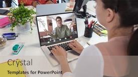  Presentation with business communication - Slides featuring caucasian-businesswoman-making-laptop-video background and a mint green colored foreground