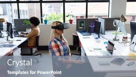  Presentation with social distancing - Beautiful theme featuring caucasian-businesswoman-sitting-at-desk backdrop and a gray colored foreground