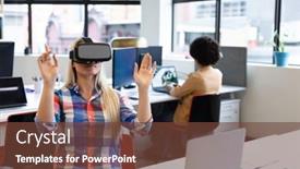  Presentation with social distancing - Amazing theme having caucasian-businesswoman-sitting-at-desk backdrop and a tawny brown colored foreground