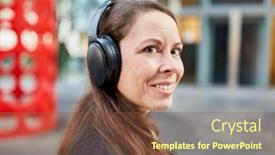  Presentation with podcast - Slide deck featuring caucasian-businesswoman-with-headphones-listening background and a tawny brown colored foreground