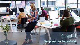  Presentation with woman office desk - PPT layouts having caucasian-businesswoman-working-in-creative background and a ocean colored foreground