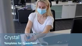  Presentation with hand hygiene - Slides having caucasian-businesswoman-working background and a ocean colored foreground