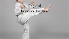  Presentation with martial arts - PPT theme having caucasian-child-with-kimono-practices background and a light gray colored foreground