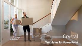  Presentation with new home - Cool new presentation with caucasian-couple-arriving backdrop and a violet colored foreground