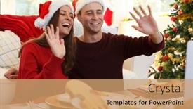  Presentation with christmas dinner - Beautiful PPT theme featuring caucasian-couple-at-home-together backdrop and a coral colored foreground