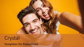  Presentation with man woman - Presentation theme enhanced with caucasian couple having fun background and a gold colored foreground