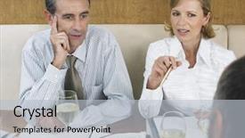  Presentation with discussion - Audience pleasing PPT layouts consisting of caucasian couple in discussion with businessman at restaurant backdrop and a light gray colored foreground
