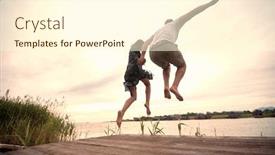  Presentation with holding hands - PPT theme having caucasian-couple-jumping-together background and a cream colored foreground