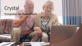  Presentation with medical laptop - Slide deck with caucasian couple looking at medical background and a coral colored foreground