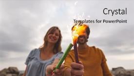  Presentation with cracker - Slide set having caucasian couple playing with fire background and a light gray colored foreground