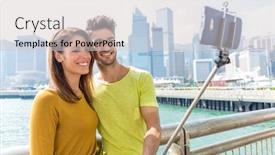  Presentation with self - Amazing slide set having caucasian couple take self photo by selfie stick backdrop and a light gray colored foreground