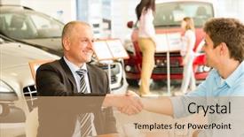  Presentation with shaking hands - Colorful PPT layouts enhanced with caucasian customer and car salesman backdrop and a coral colored foreground