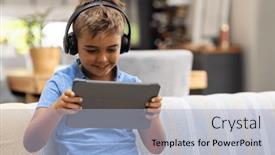  Presentation with childhood - Slides featuring caucasian-cute-boy-wearing-headphones background and a light blue colored foreground