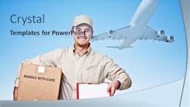  Presentation with airplane - PPT theme featuring caucasian-delivery-man-and-airplane background and a light blue colored foreground