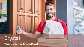  Presentation with pizza delivery - Slides having caucasian-delivery-man-wearing-red background and a tawny brown colored foreground