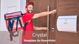  Presentation with backpack - Cool new presentation design with caucasian-delivery-man-wearing-red backdrop and a tawny brown colored foreground