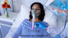  Presentation with medical ventilator - Colorful PPT layouts enhanced with caucasian-doctor-examining-with-stethoscope backdrop and a light blue colored foreground