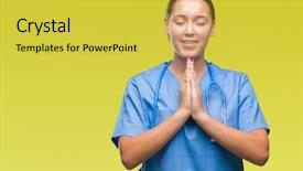  Presentation with medical smiling doctor - Theme enhanced with caucasian doctor woman wearing medical background and a  colored foreground