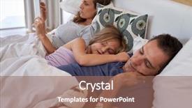  Presentation with using digital tablet - PPT theme having caucasian family lying in bed and sleeping mother using digital tablet in morning on weekend background and a coral colored foreground